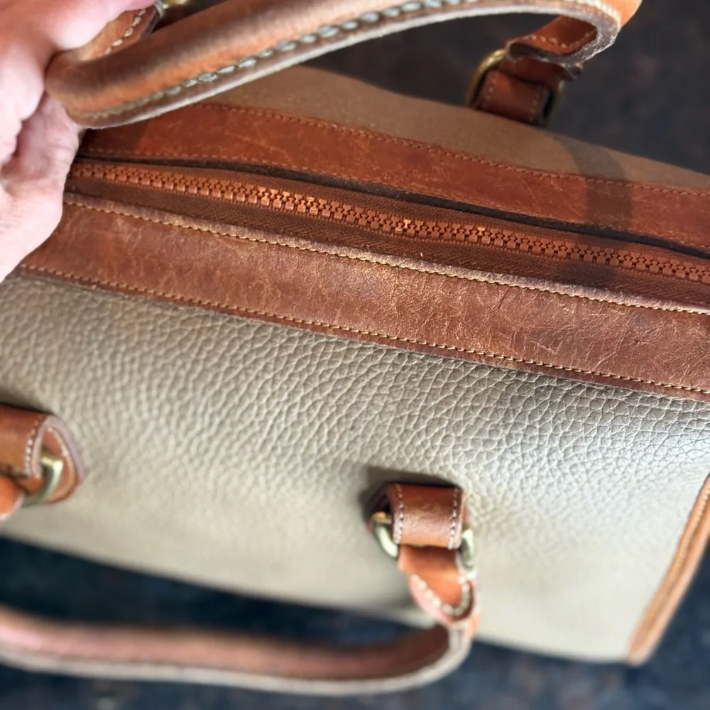 Vintage Dooney & Bourke Olive Green and Brown Leather Satchel with Brass Accents
